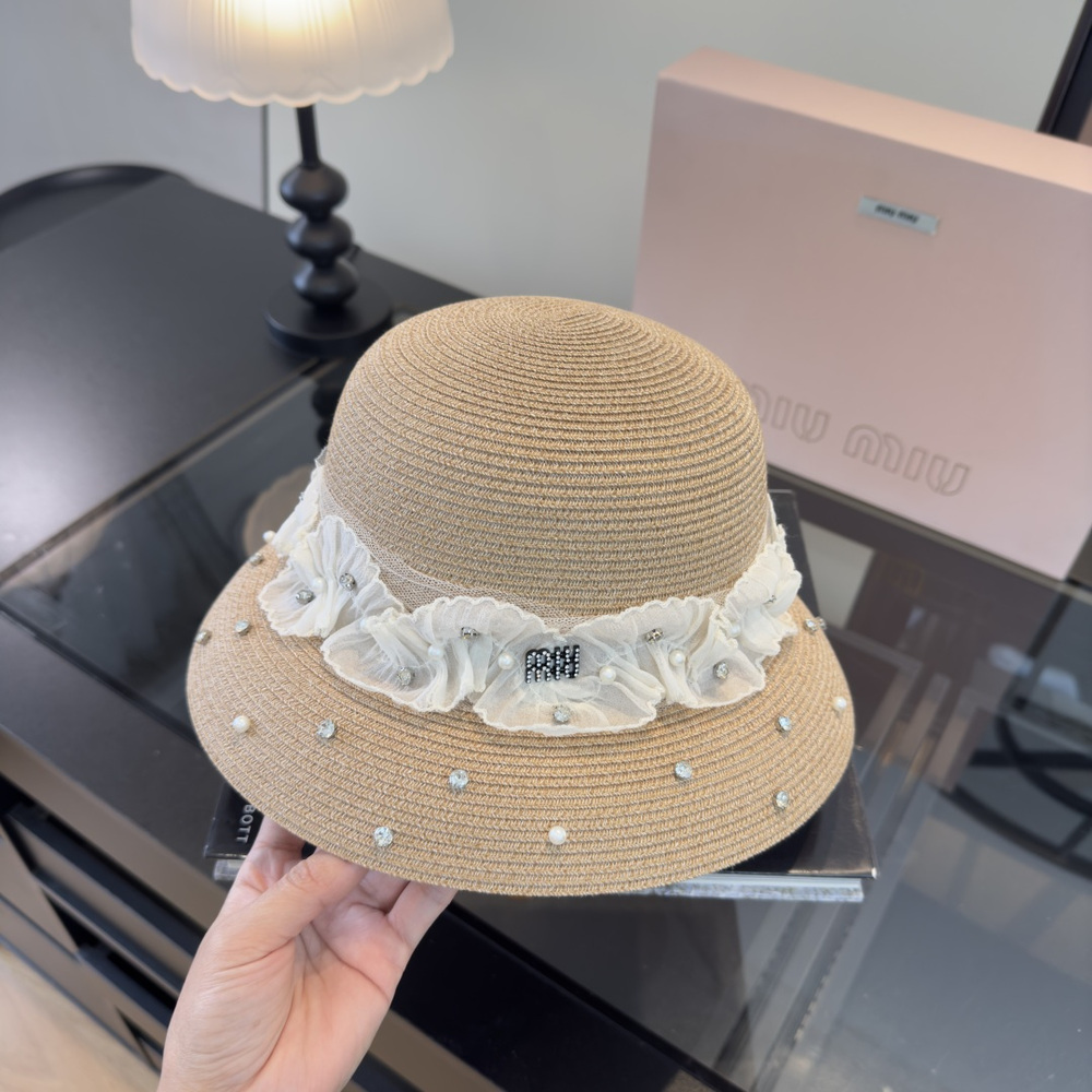 Miu Miu Embellished Straw Cloche Hat Beige Lace & Crystal Luxury
